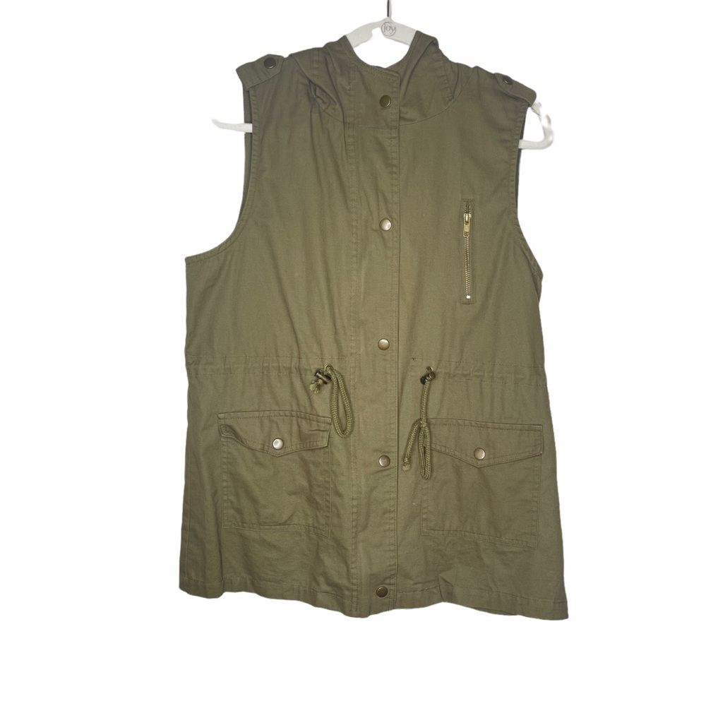 Zenana Outfitters Olive Green Sleeveless Hooded Cargo Utility Drawstring Vest L